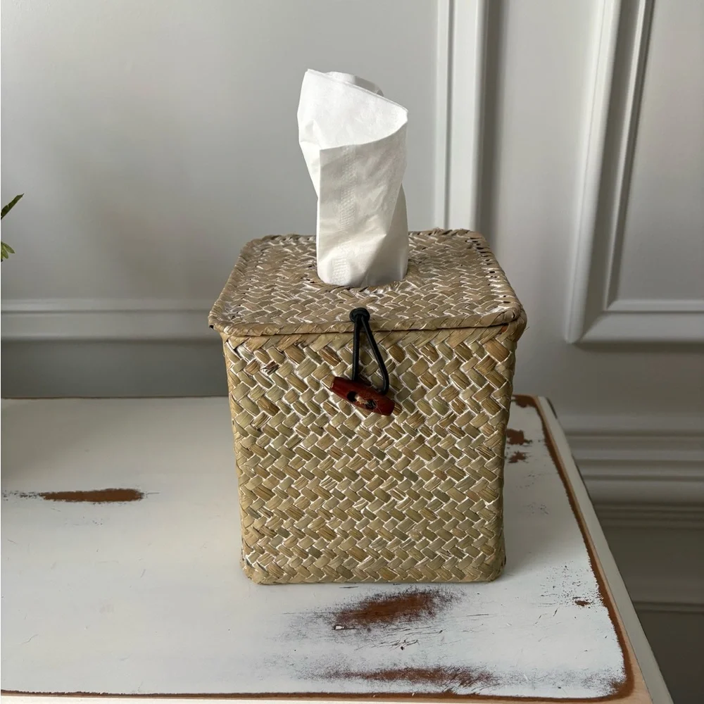 Woven Rattan Tissue Box Cover - Natural Tan